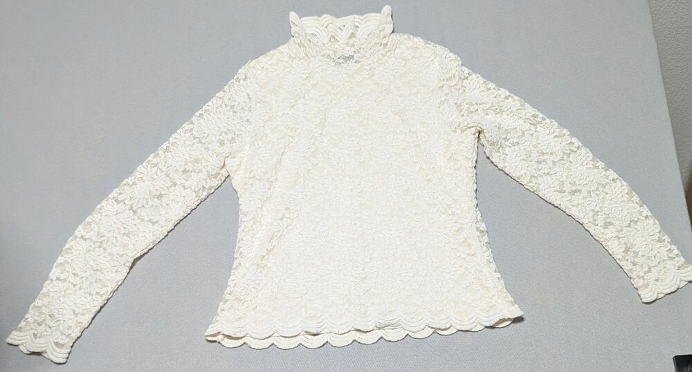Lace Blouse Womens Small White Coquette Mock Neck Long Sleeve Sheer Scallop Top